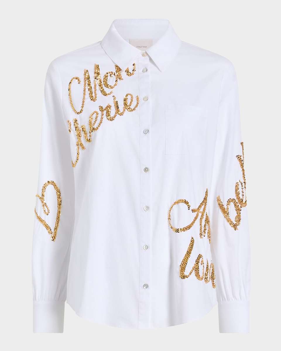 Crushed Sequin Loveletter Blanche Button-Front Shirt